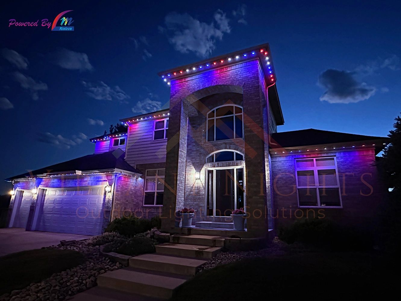 Home with red, white, and blue permanent LED lighting